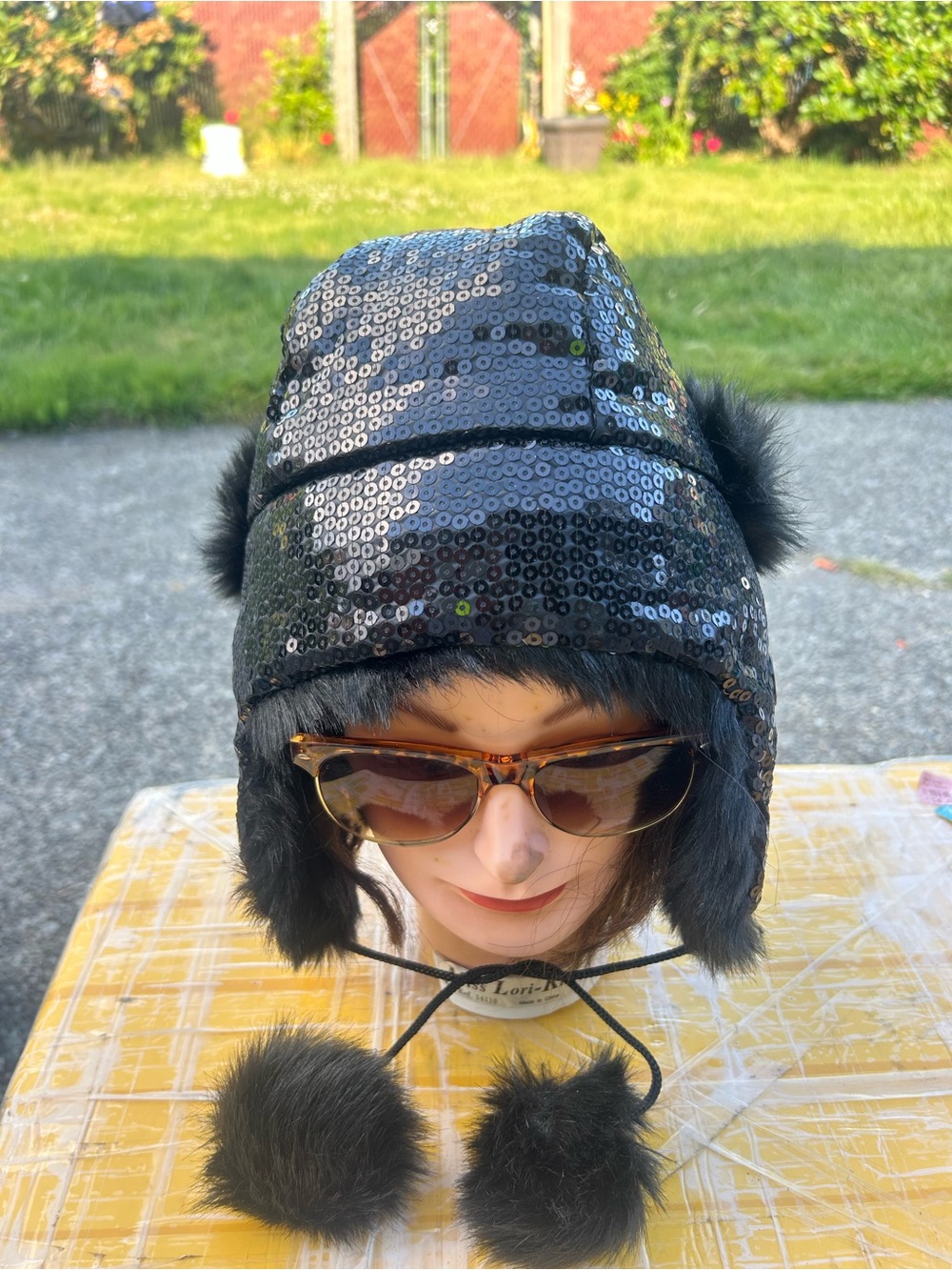 Women’s Black American Rag, Sequin Lined Hat W/Pompoms & Ear Flaps Sz One